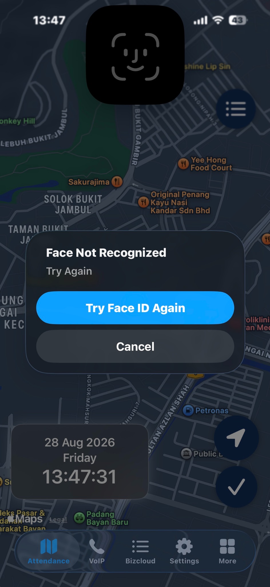 BizCloud App attendance screen showing Face ID retry prompt on iPhone