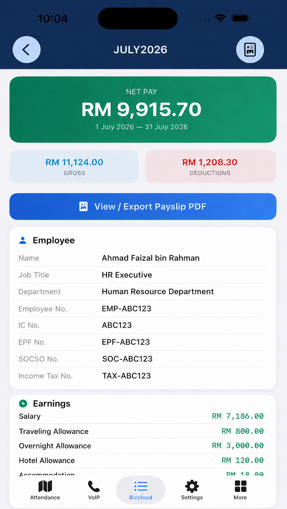 BMO HRM iOS employee payroll summary with net pay gross deductions and employee information