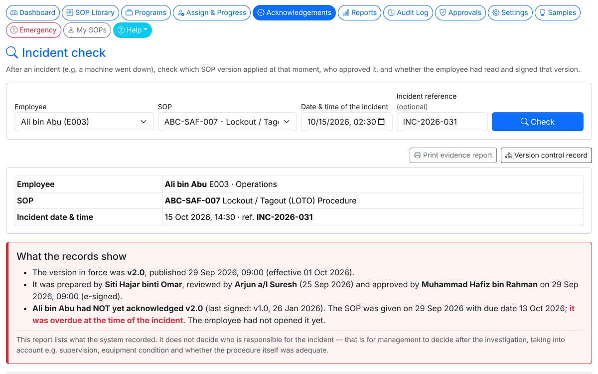 Incident check for Ali bin Abu and the Lockout / Tagout procedure: version 2.0 was in force and he had not yet signed it, overdue at the time