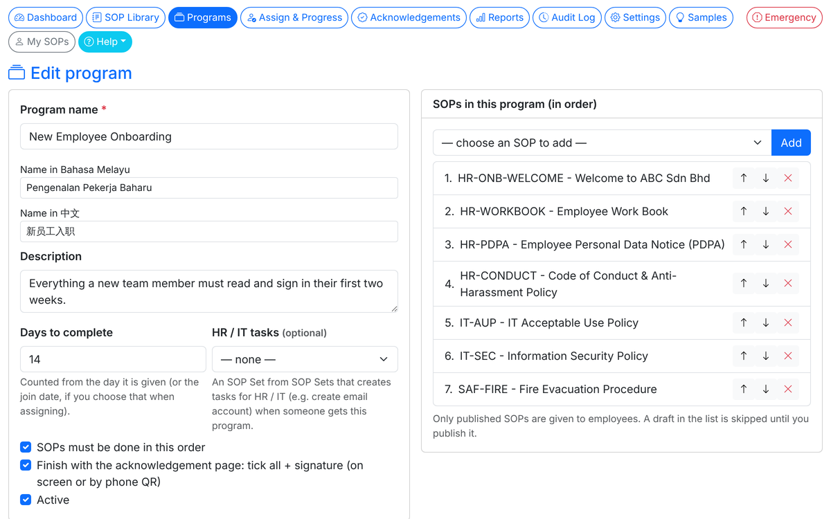 Edit program: New Employee Onboarding with seven SOPs in order, names in three languages and days to complete