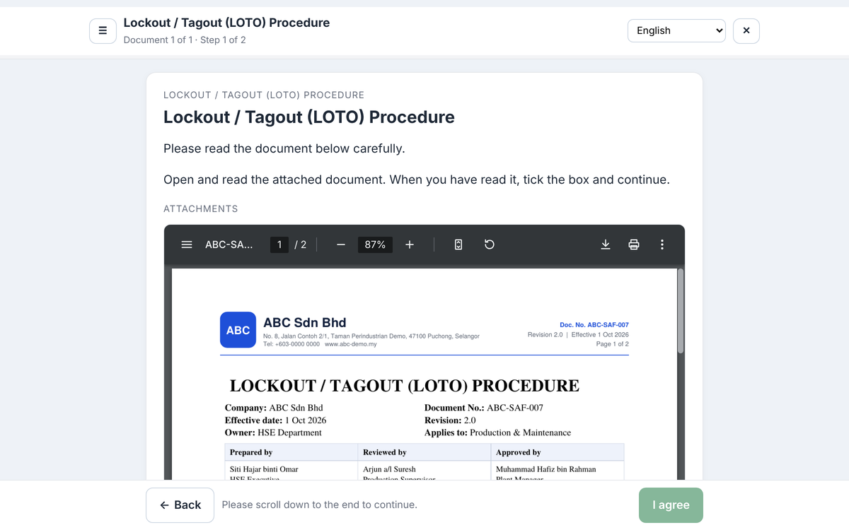 Sample employee screen reading the attached Lockout / Tagout PDF, with the I agree button still disabled