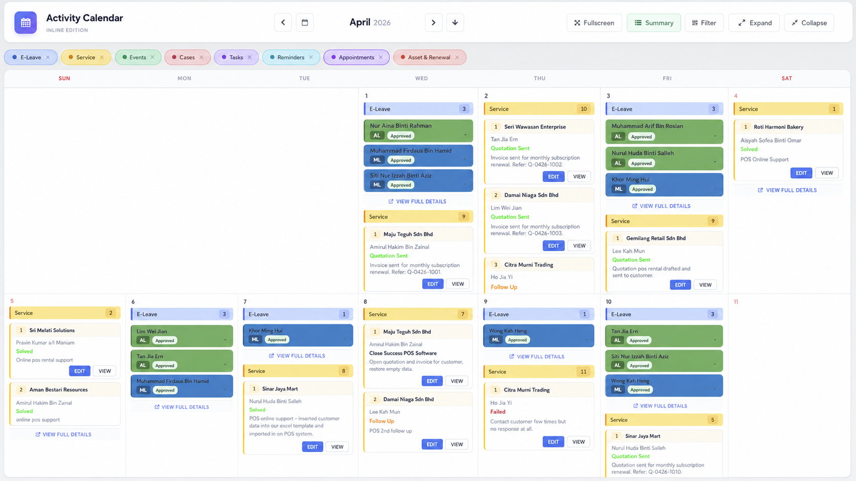 eLeave.my sample activity calendar showing leave tasks reminders and renewal activities